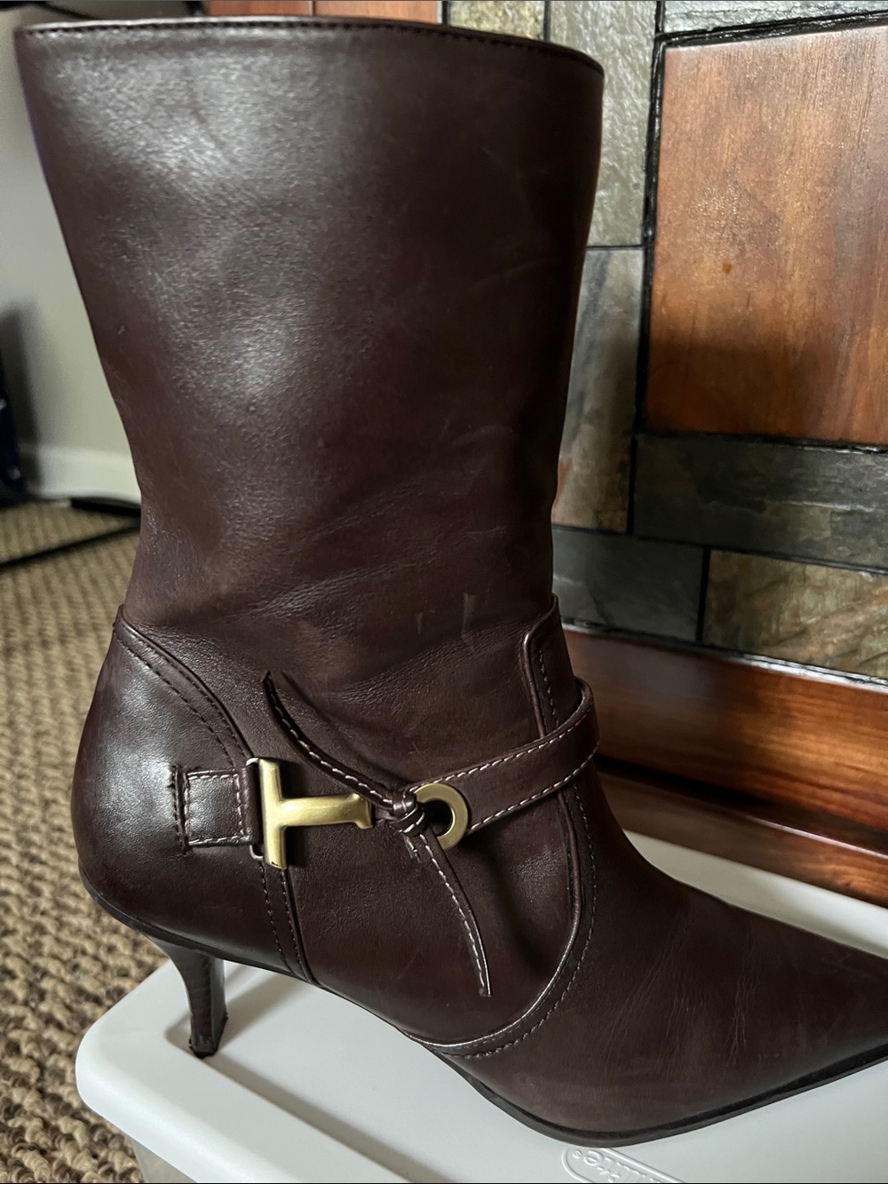 Women's Dark Brown Leather Mid-Calf Heeled Boot
